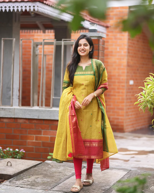 Mezos Yellow Cotton Silk Kurta with Green & Red Golden Zari Dupatta – Elegant 2-Piece Set by Amali