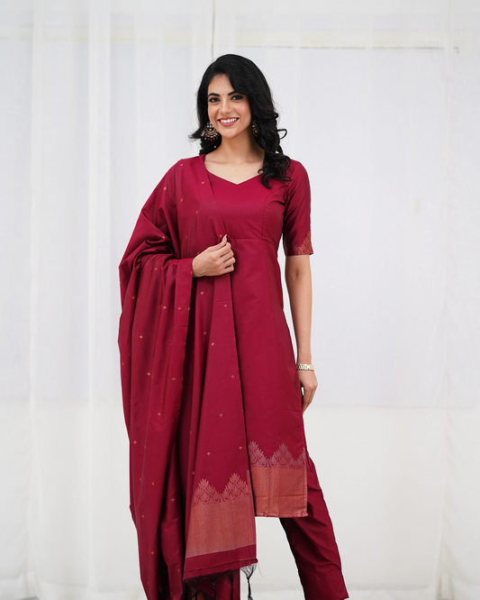 Mezos Maroon & Copper Zari Work Cotton Silk Kurta with Dupatta and Salwar – Elegant Festive Wear by Amali