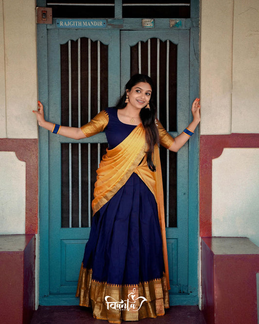 Mezos Navy Blue & Mustard Yellow Banarasi Kanjivaram Silk Zari Half Saree Set | Amali Signature Heritage Collection