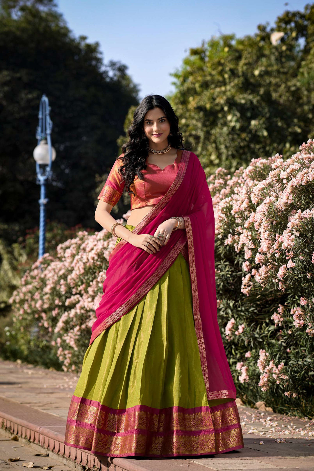 Mezos Olive Green & Rani Pink Banarasi Silk Half Saree Set | Amali Royal Heritage Collection