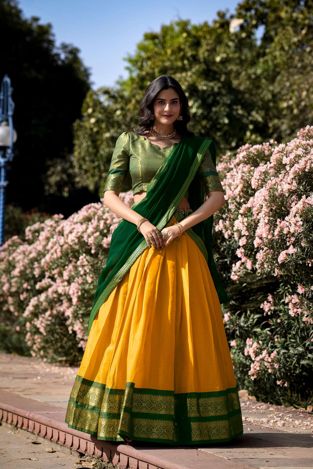 Mezos Mustard Yellow & Bottle Green Banarasi Silk Half Saree Set | Amali Royal Heritage Collection