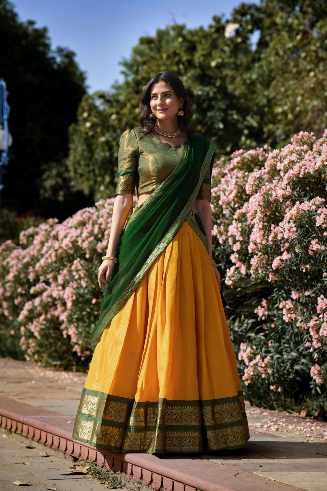 Mezos Mustard Yellow & Bottle Green Banarasi Silk Half Saree Set | Amali Royal Heritage Collection