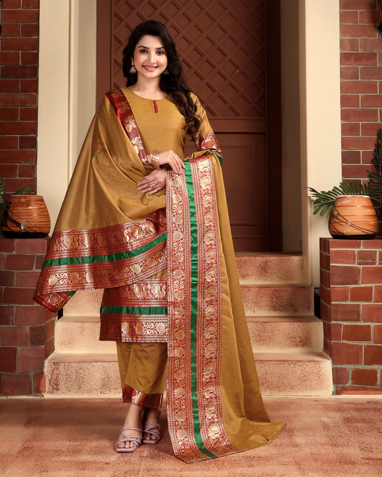 Mezos Mustard & Maroon Zari Border Cotton Silk Kurta with Dupatta and Salwar – Royal Festive Wear by Amali