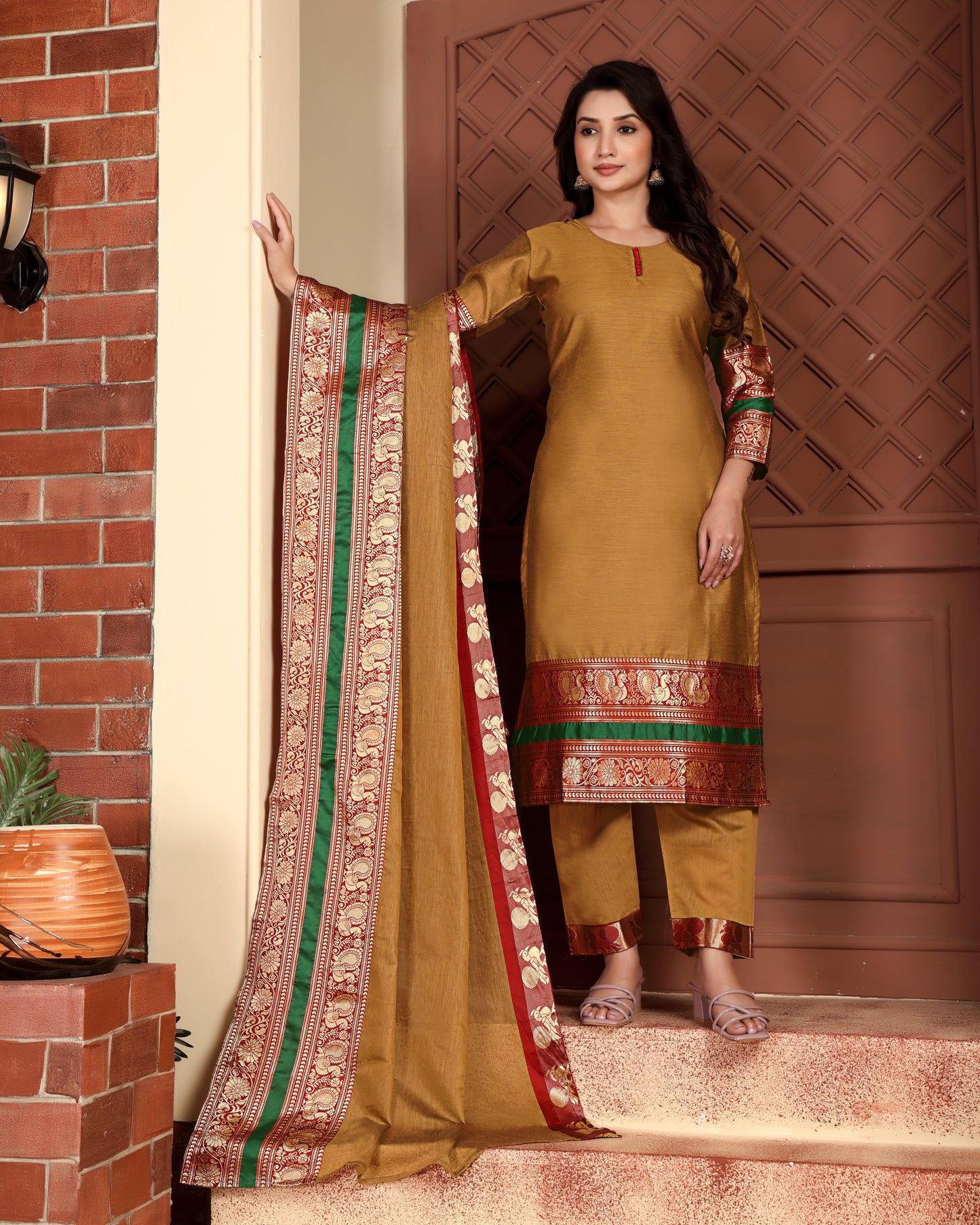 Mezos Mustard & Maroon Zari Border Cotton Silk Kurta with Dupatta and Salwar – Royal Festive Wear by Amali
