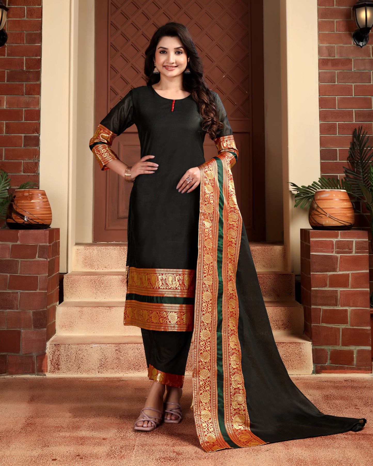 Mezos Black & Gold Zari Border Cotton Silk Kurta with Dupatta and Salwar – Premium Festive Wear by Amali