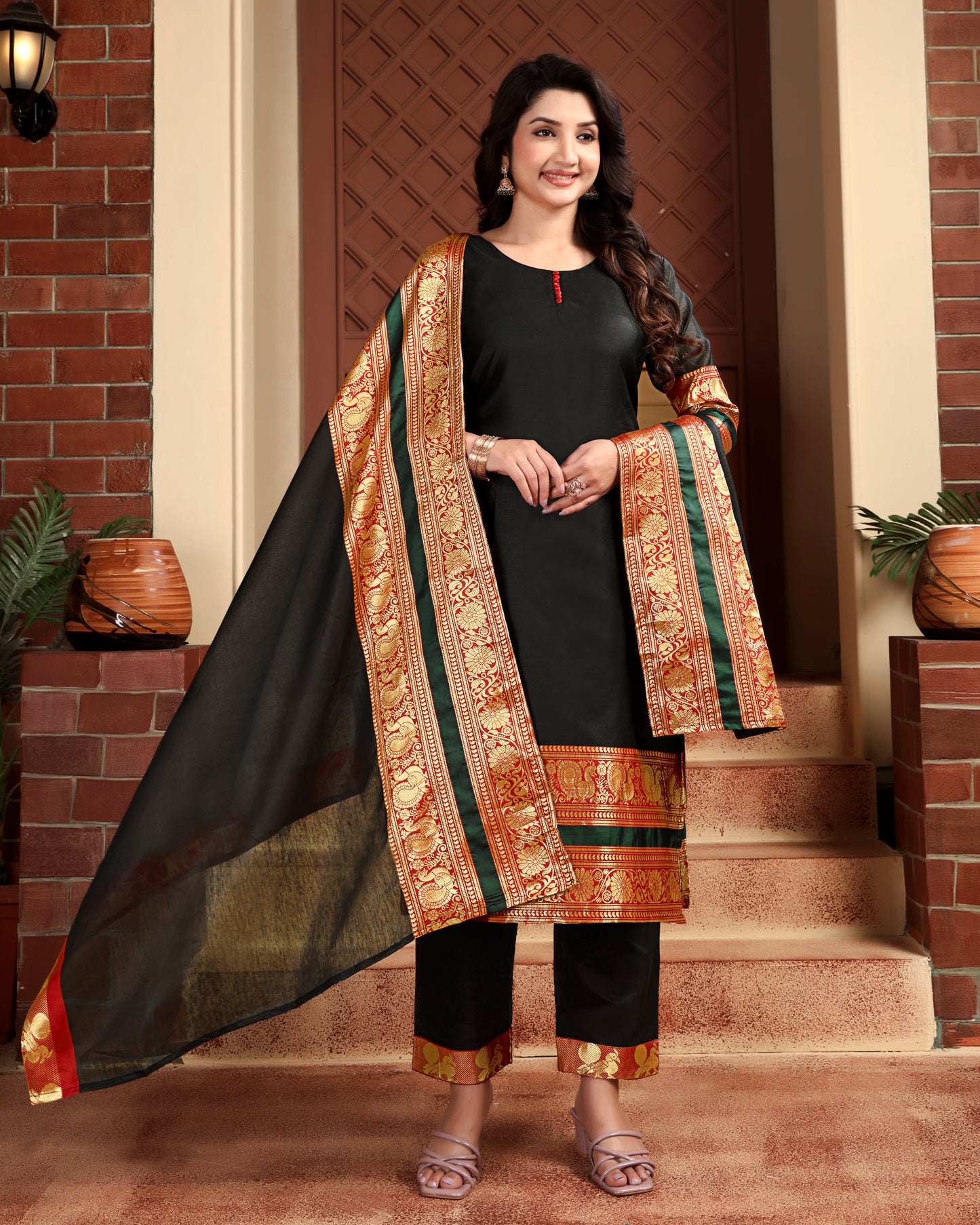 Mezos Black & Gold Zari Border Cotton Silk Kurta with Dupatta and Salwar – Premium Festive Wear by Amali