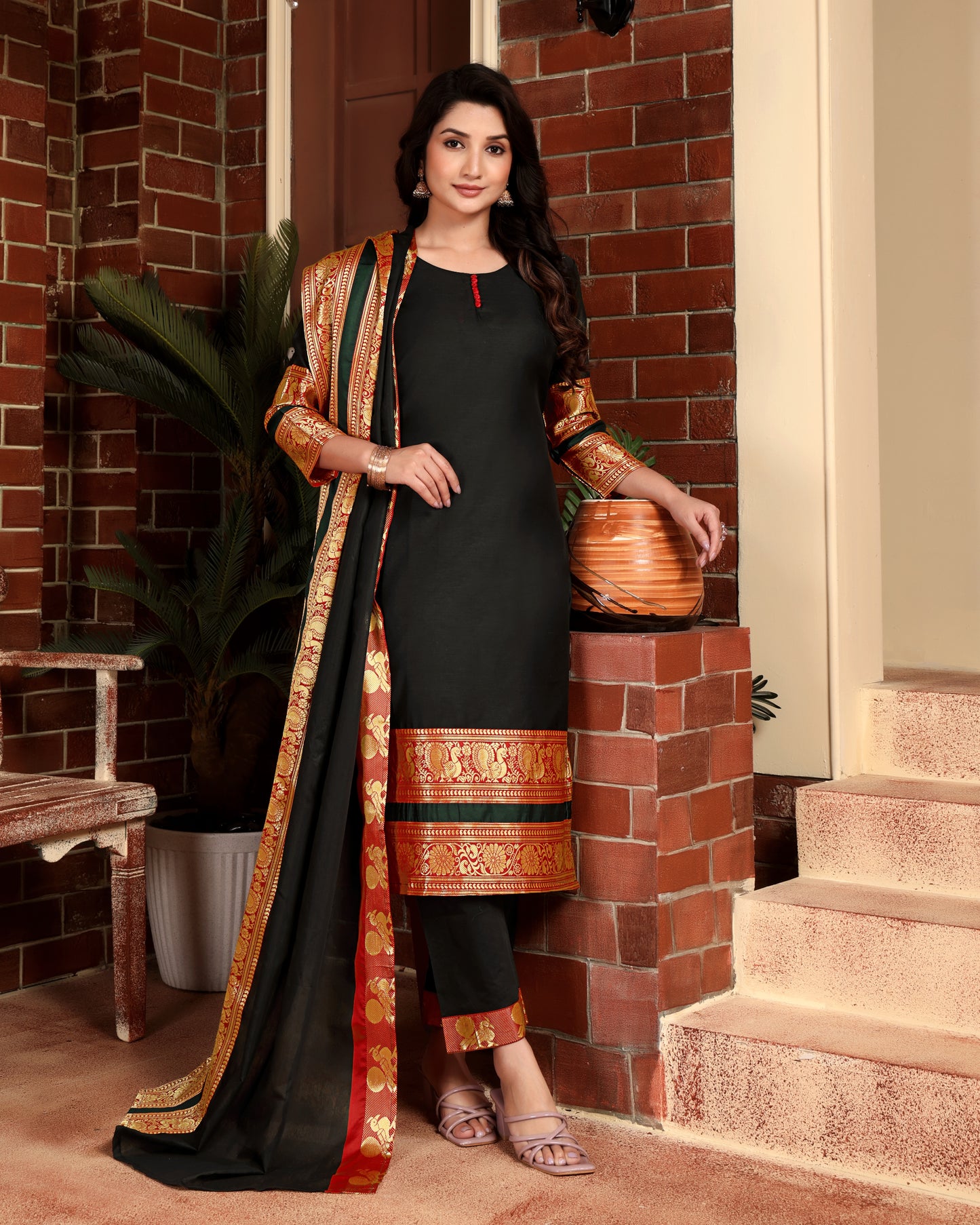 Mezos Black & Gold Zari Border Cotton Silk Kurta with Dupatta and Salwar – Premium Festive Wear by Amali