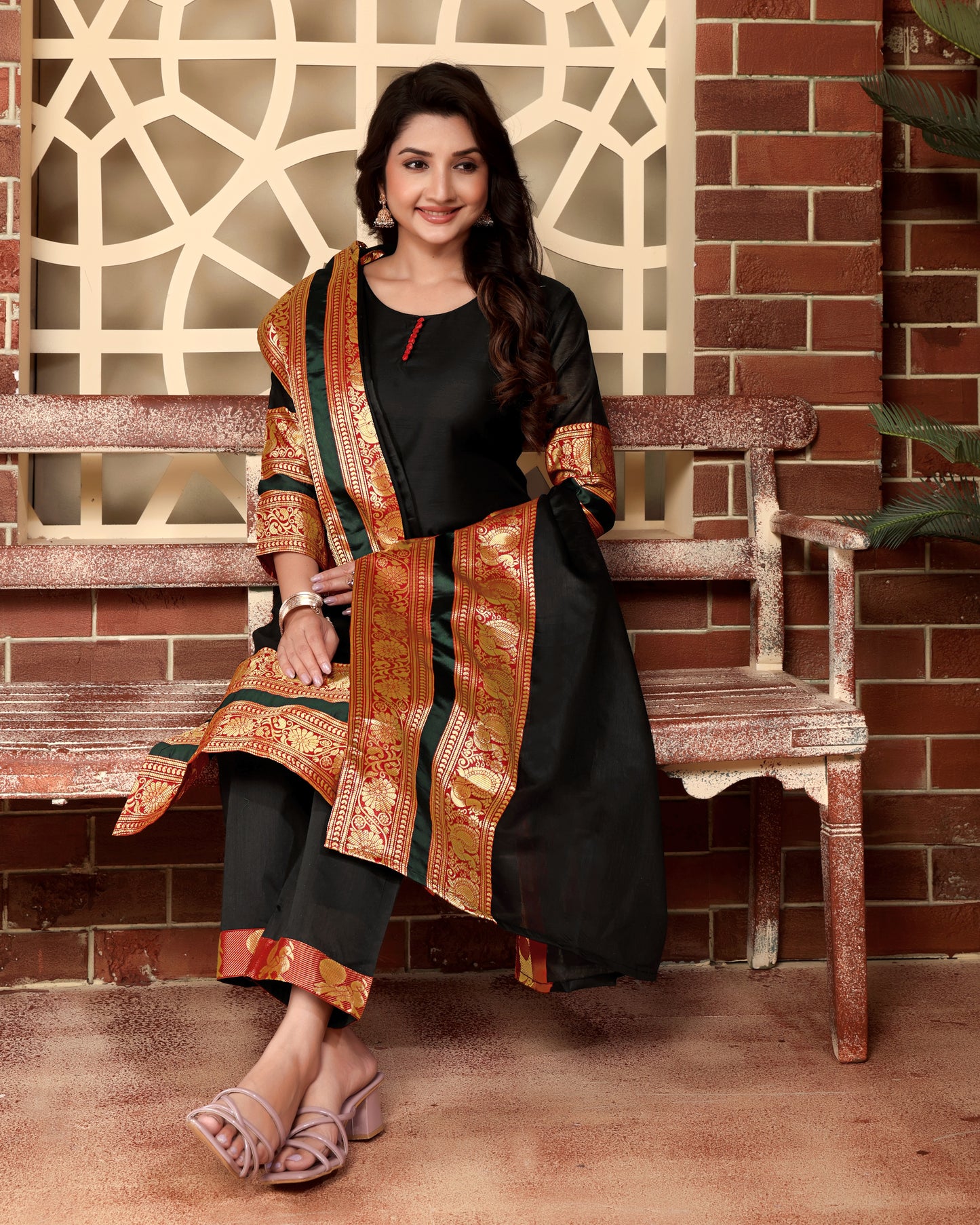 Mezos Black & Gold Zari Border Cotton Silk Kurta with Dupatta and Salwar – Premium Festive Wear by Amali