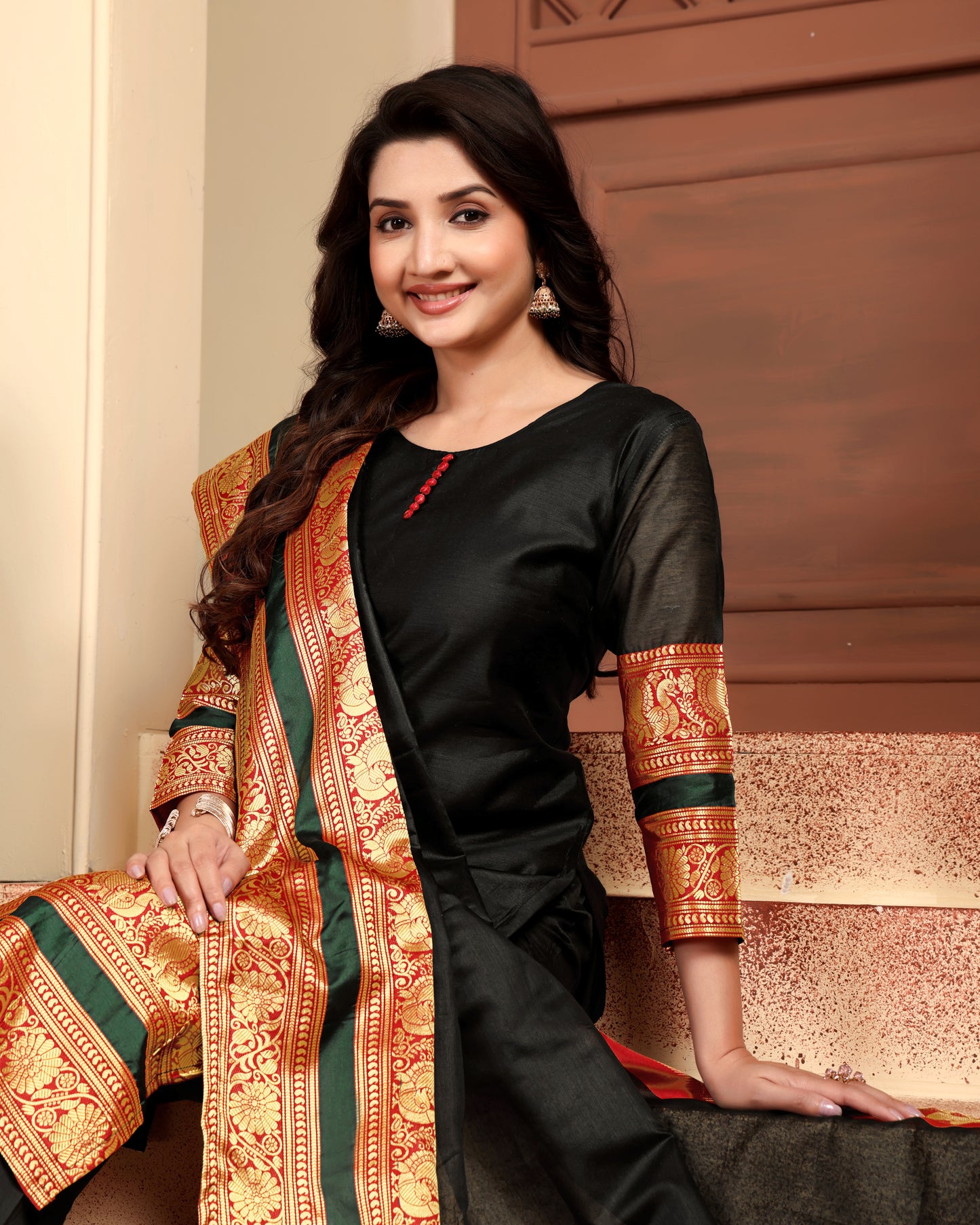 Mezos Black & Gold Zari Border Cotton Silk Kurta with Dupatta and Salwar – Premium Festive Wear by Amali