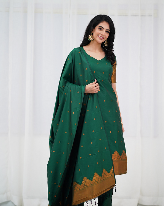 Mezos Emerald Green & Copper Zari Work Cotton Silk Kurta with Dupatta and Salwar – Amali Festive Premium Set