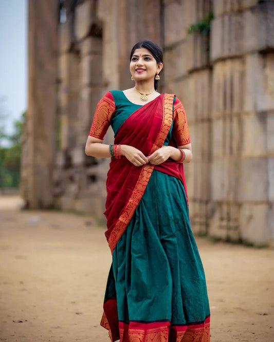 Mezos Bottle Green & Maroon Banarasi Silk Zari Half Saree Set | Amali Royal Heritage Collection