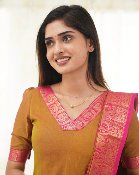 Mezos Mustard & Pink Zari Border Cotton Silk Kurta with Dupatta – Elegant Festive Wear Set by Amali