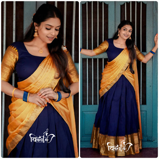 Mezos Navy Blue & Mustard Yellow Banarasi Kanjivaram Silk Zari Half Saree Set | Amali Signature Heritage Collection
