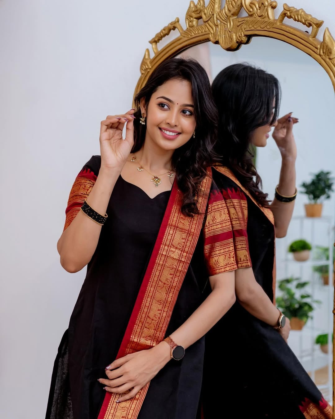 Mezos Black Cotton Silk Kurta with Red Golden Zari Dupatta – Elegant 2-Piece Set by Amali