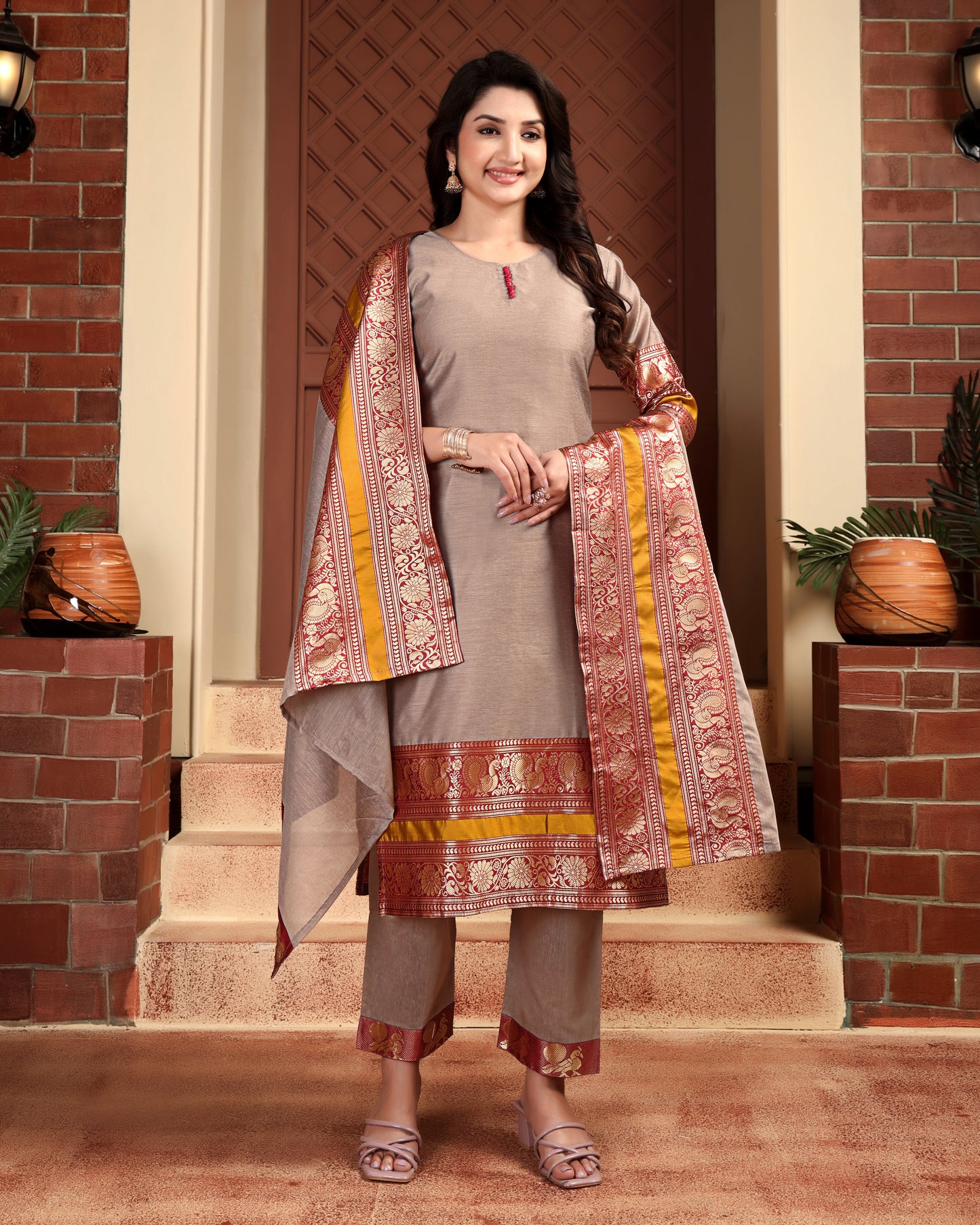 Mezos Beige & Maroon Zari Border Cotton Silk Kurta with Dupatta and Salwar – Elegant Festive Wear by Amali