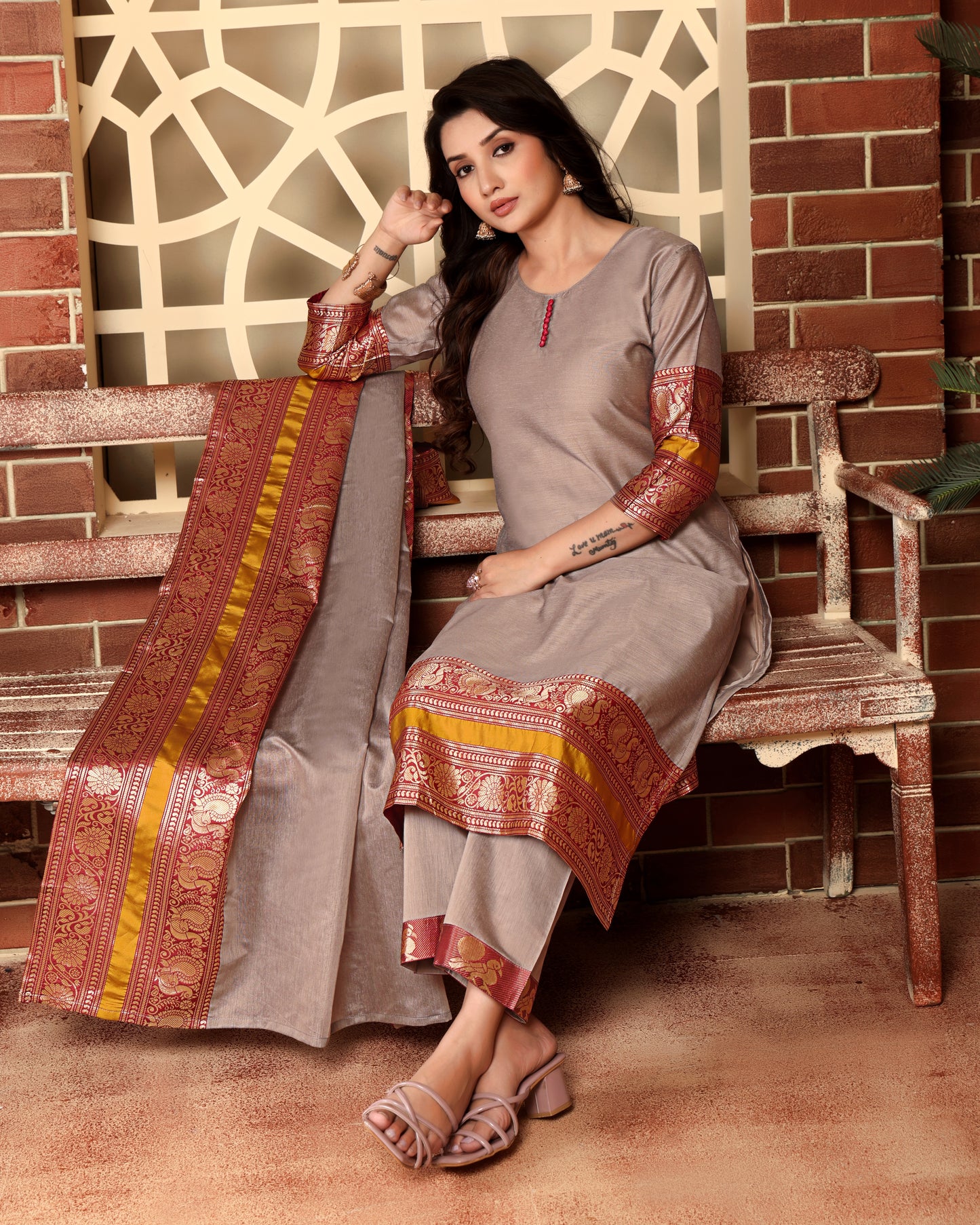Mezos Beige & Maroon Zari Border Cotton Silk Kurta with Dupatta and Salwar – Elegant Festive Wear by Amali