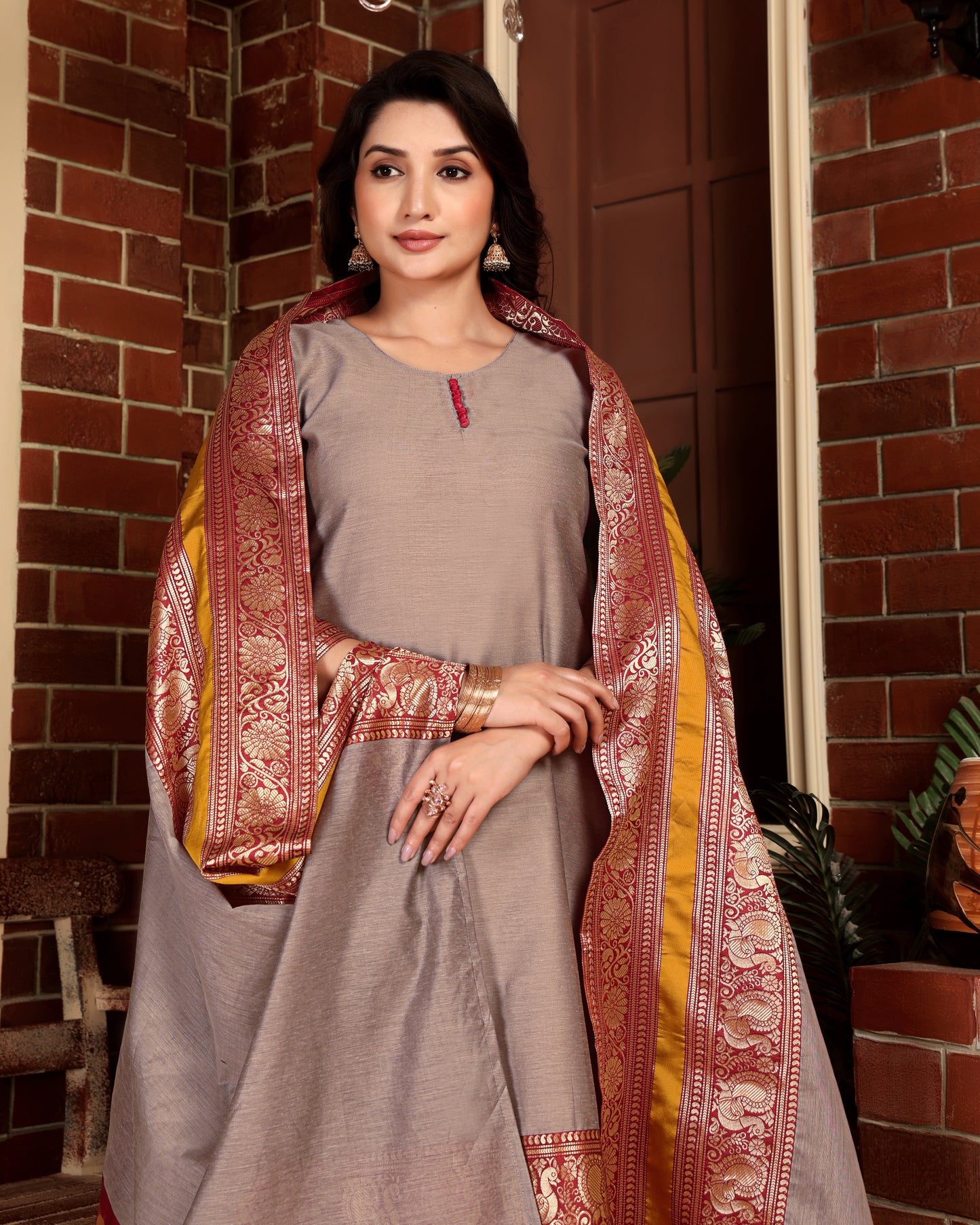 Mezos Beige & Maroon Zari Border Cotton Silk Kurta with Dupatta and Salwar – Elegant Festive Wear by Amali