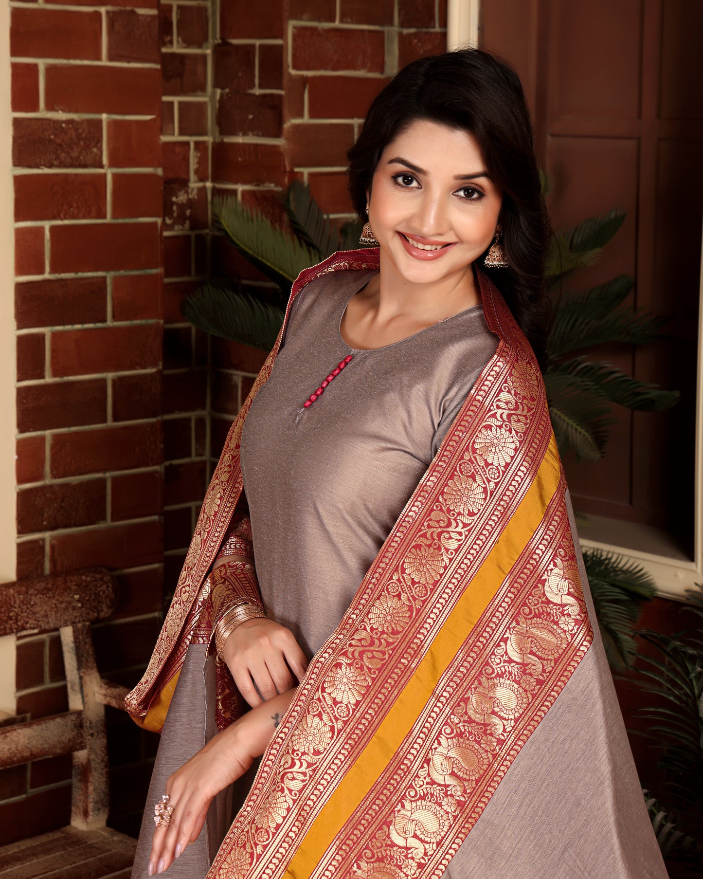 Mezos Beige & Maroon Zari Border Cotton Silk Kurta with Dupatta and Salwar – Elegant Festive Wear by Amali