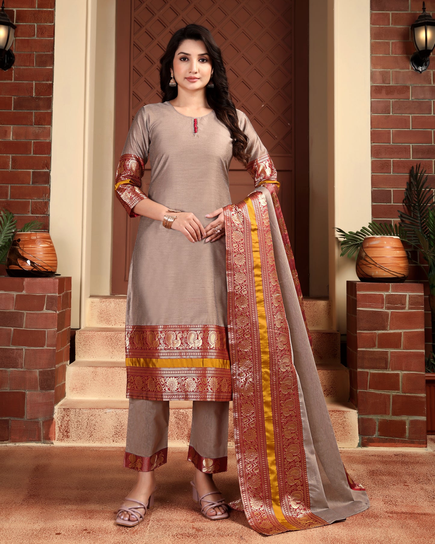 Mezos Beige & Maroon Zari Border Cotton Silk Kurta with Dupatta and Salwar – Elegant Festive Wear by Amali