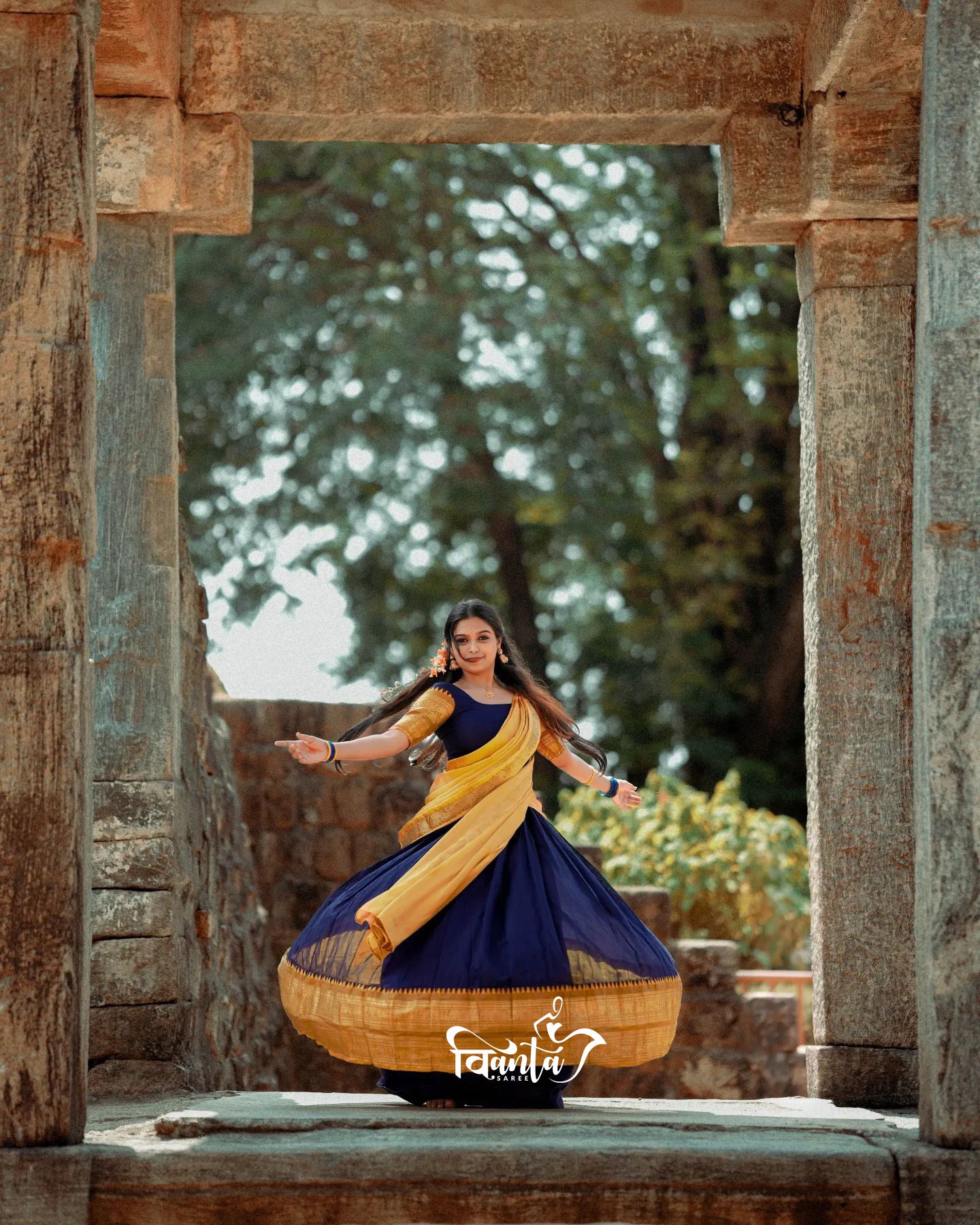 Mezos Navy Blue & Mustard Yellow Banarasi Kanjivaram Silk Zari Half Saree Set | Amali Signature Heritage Collection