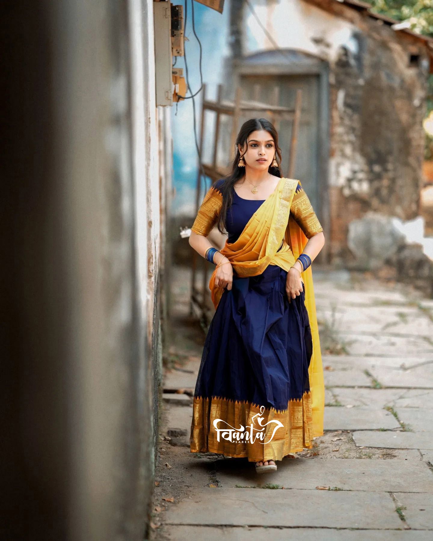 Mezos Navy Blue & Mustard Yellow Banarasi Kanjivaram Silk Zari Half Saree Set | Amali Signature Heritage Collection