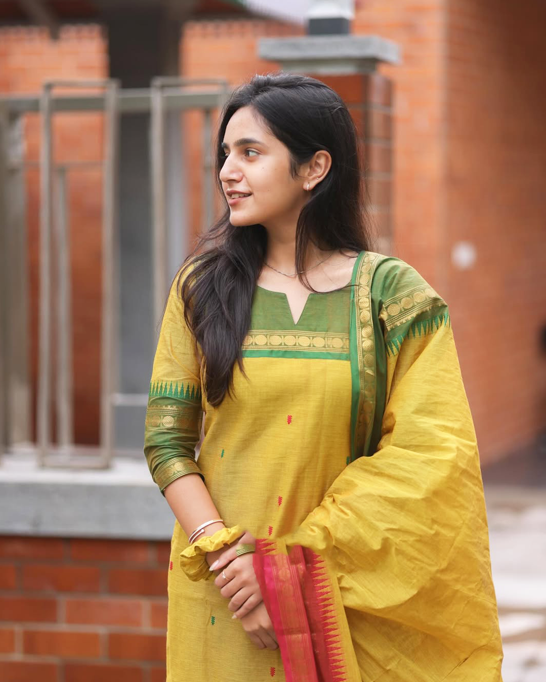 Mezos Yellow Cotton Silk Kurta with Green & Red Golden Zari Dupatta – Elegant 2-Piece Set by Amali