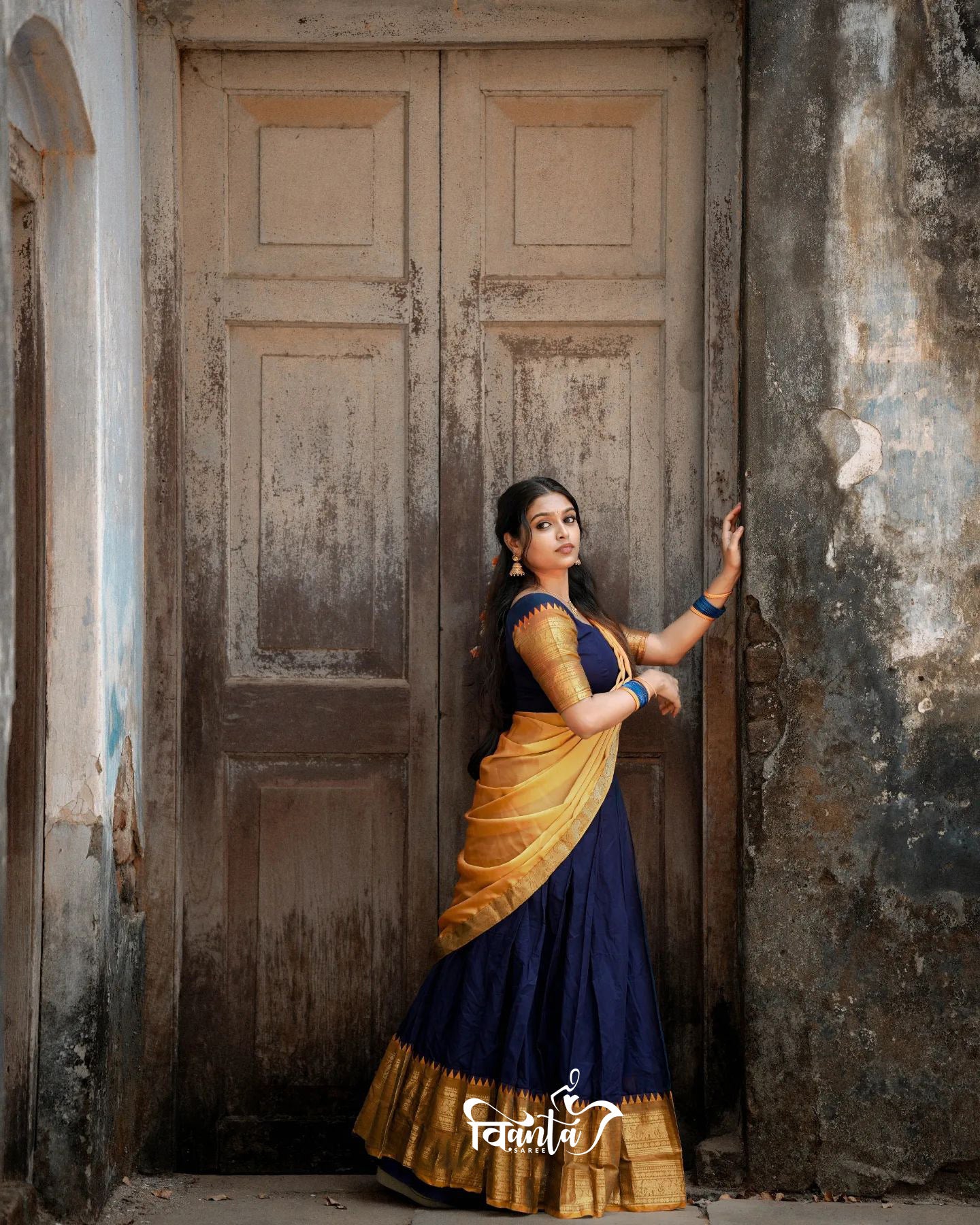 Mezos Navy Blue & Mustard Yellow Banarasi Kanjivaram Silk Zari Half Saree Set | Amali Signature Heritage Collection