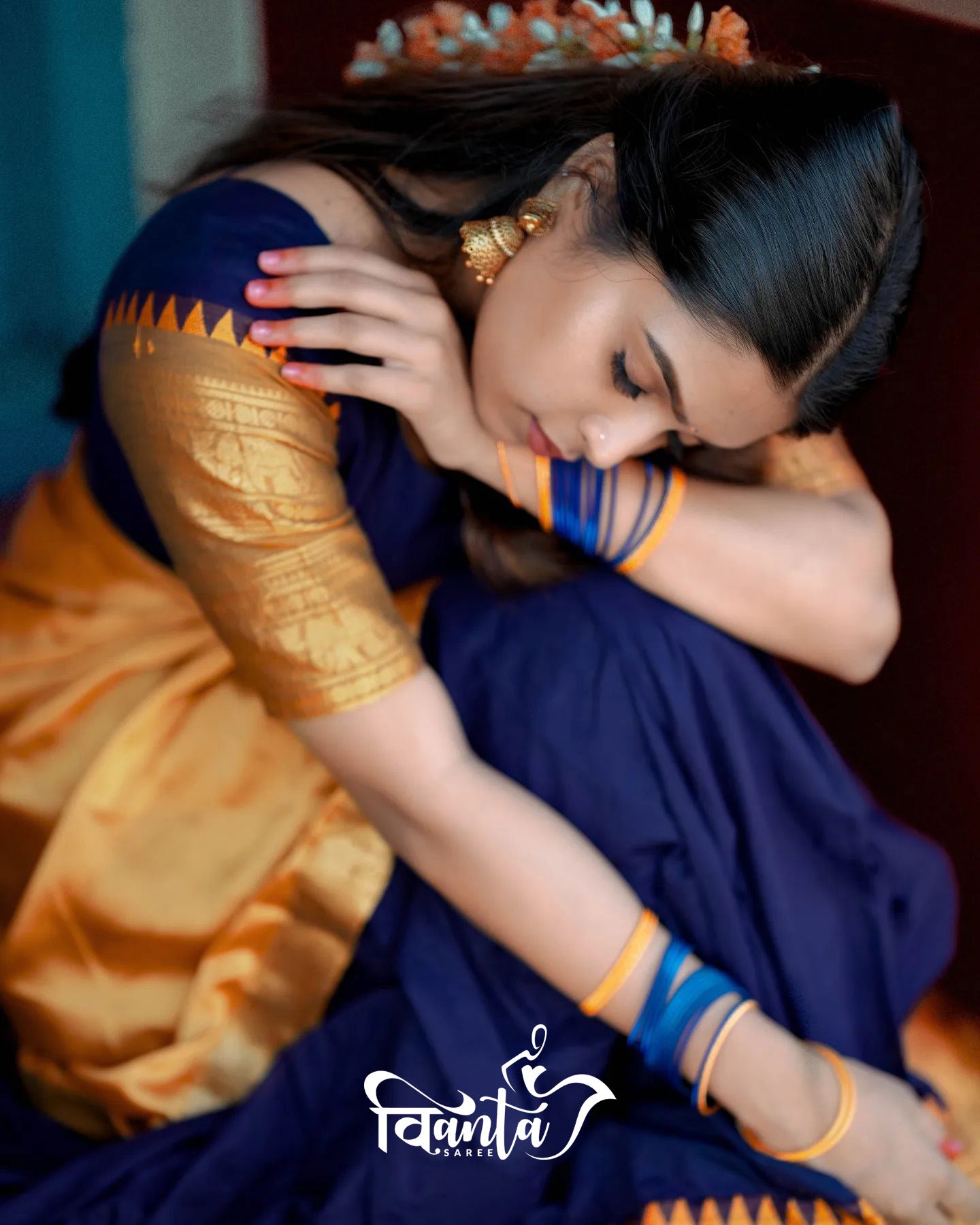 Mezos Navy Blue & Mustard Yellow Banarasi Kanjivaram Silk Zari Half Saree Set | Amali Signature Heritage Collection