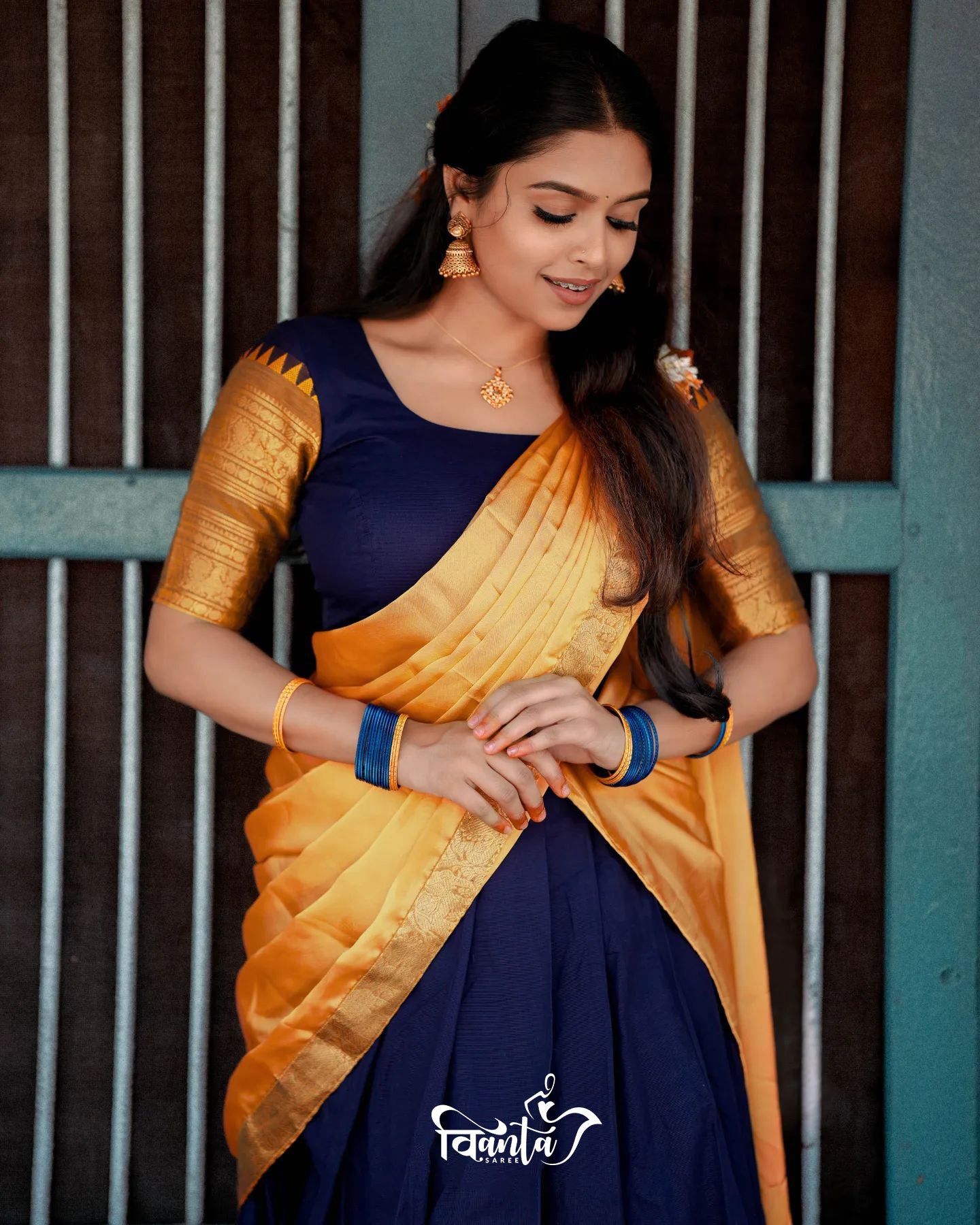 Mezos Navy Blue & Mustard Yellow Banarasi Kanjivaram Silk Zari Half Saree Set | Amali Signature Heritage Collection