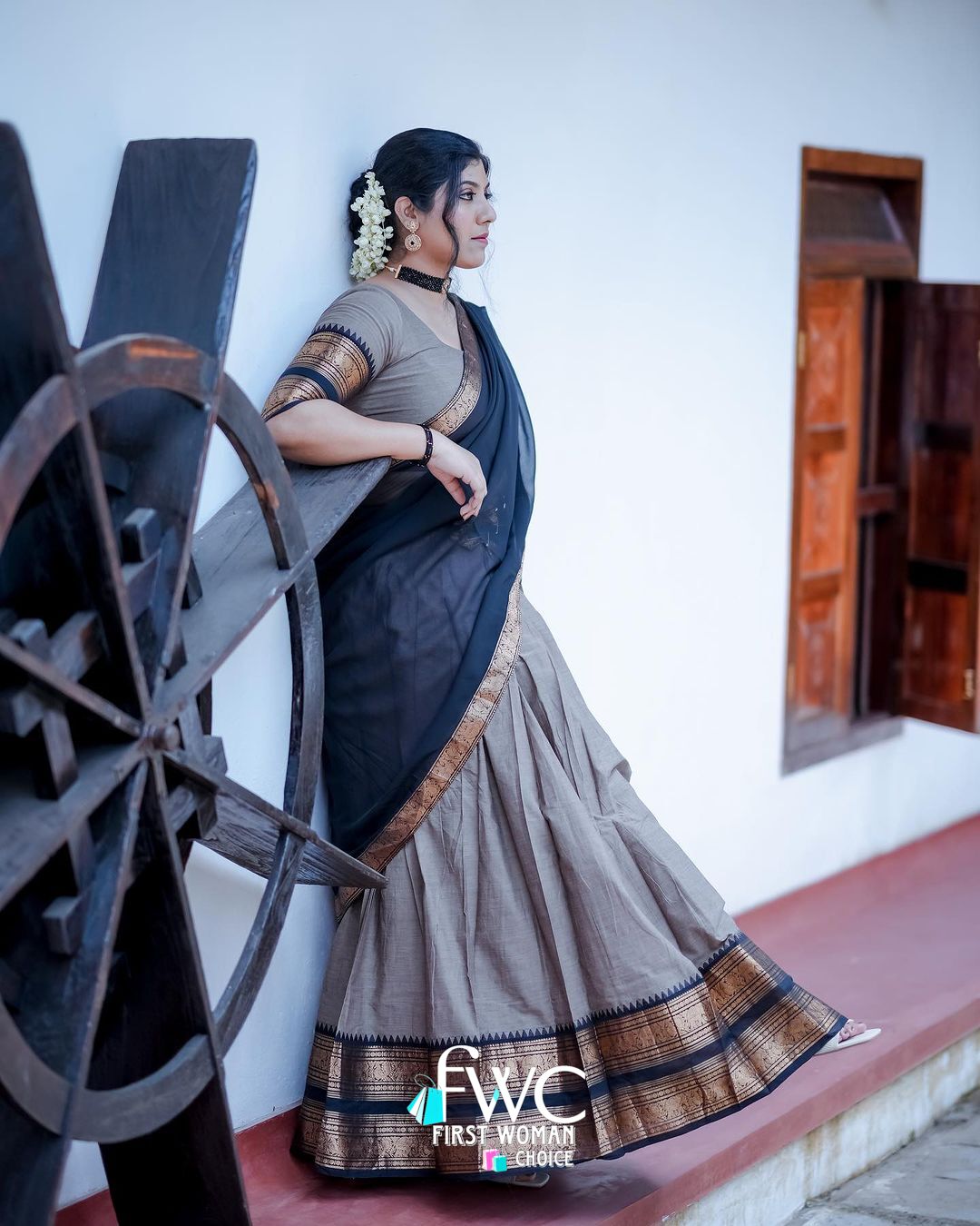 Mezos Elegant Grey & Black Kanjivaram Banarasi Silk Zari Half Saree Set | Amali Premium Festive Collection