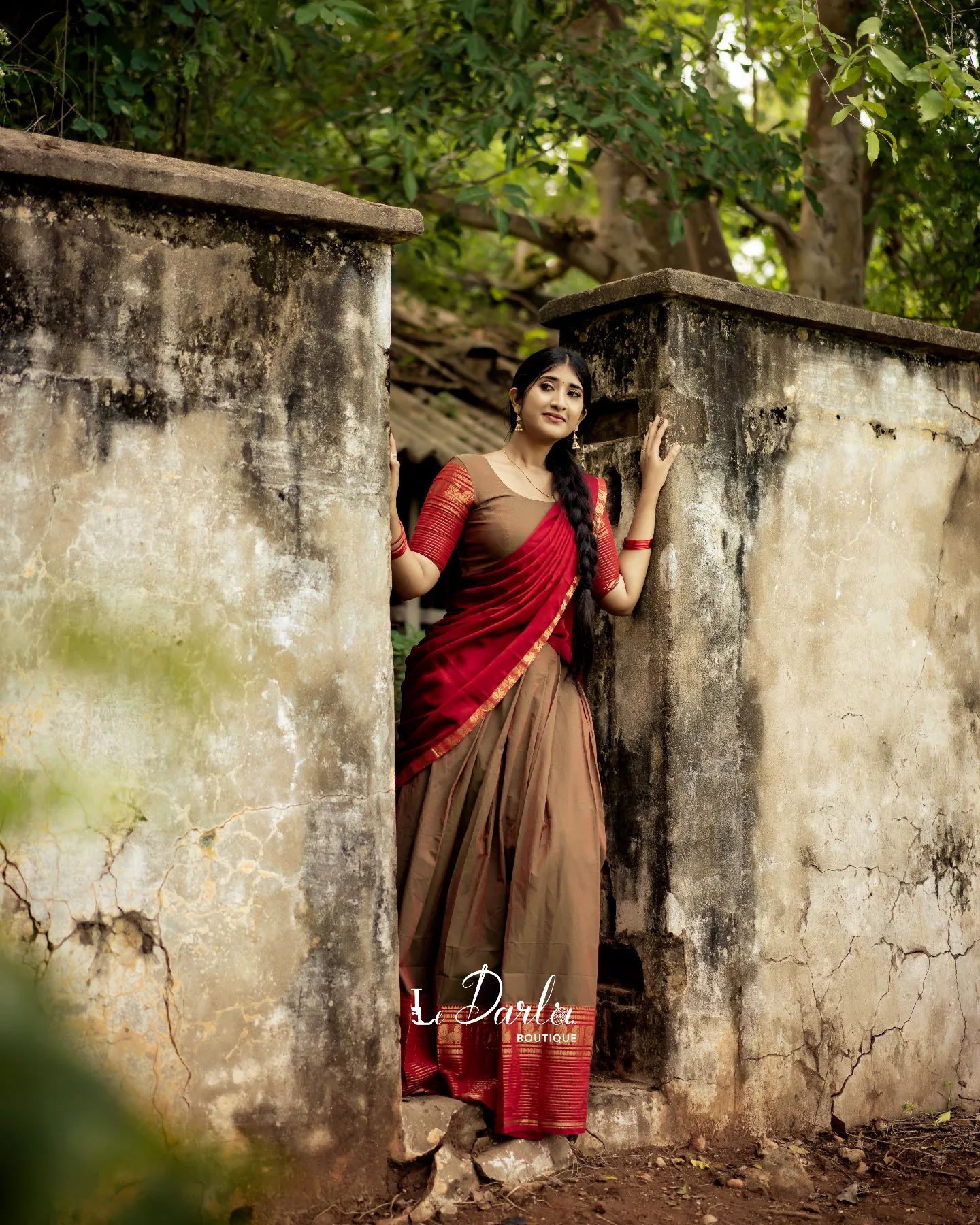 Mezos Brown & Maroon Banarasi Silk Zari Half Saree Set | Amali Royal Heritage Collection