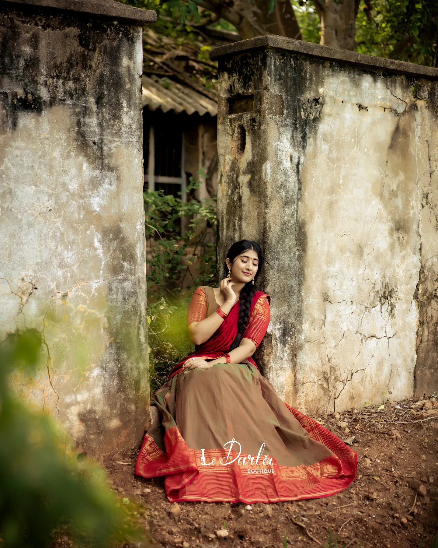 Mezos Brown & Maroon Banarasi Silk Zari Half Saree Set | Amali Royal Heritage Collection