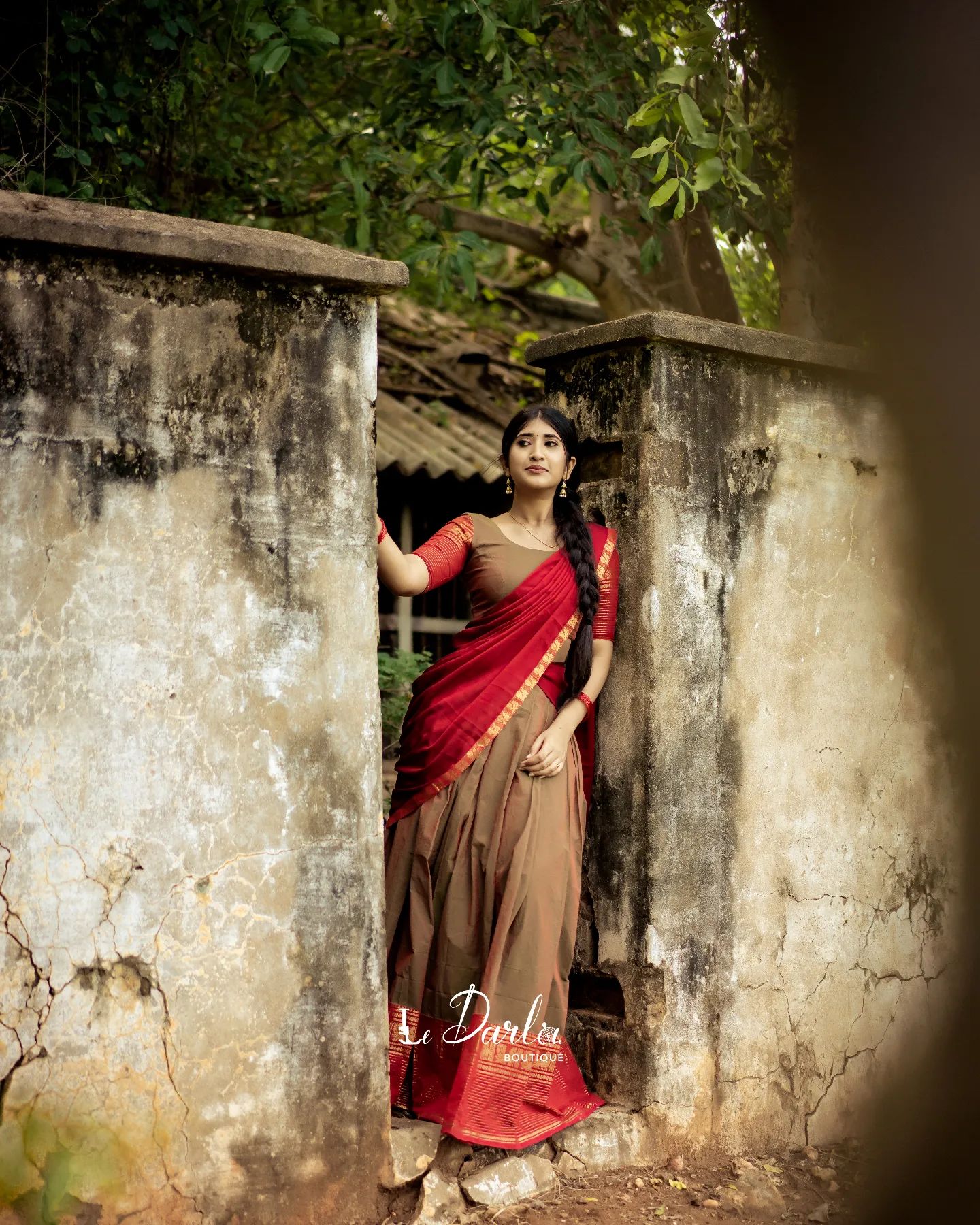 Mezos Brown & Maroon Banarasi Silk Zari Half Saree Set | Amali Royal Heritage Collection