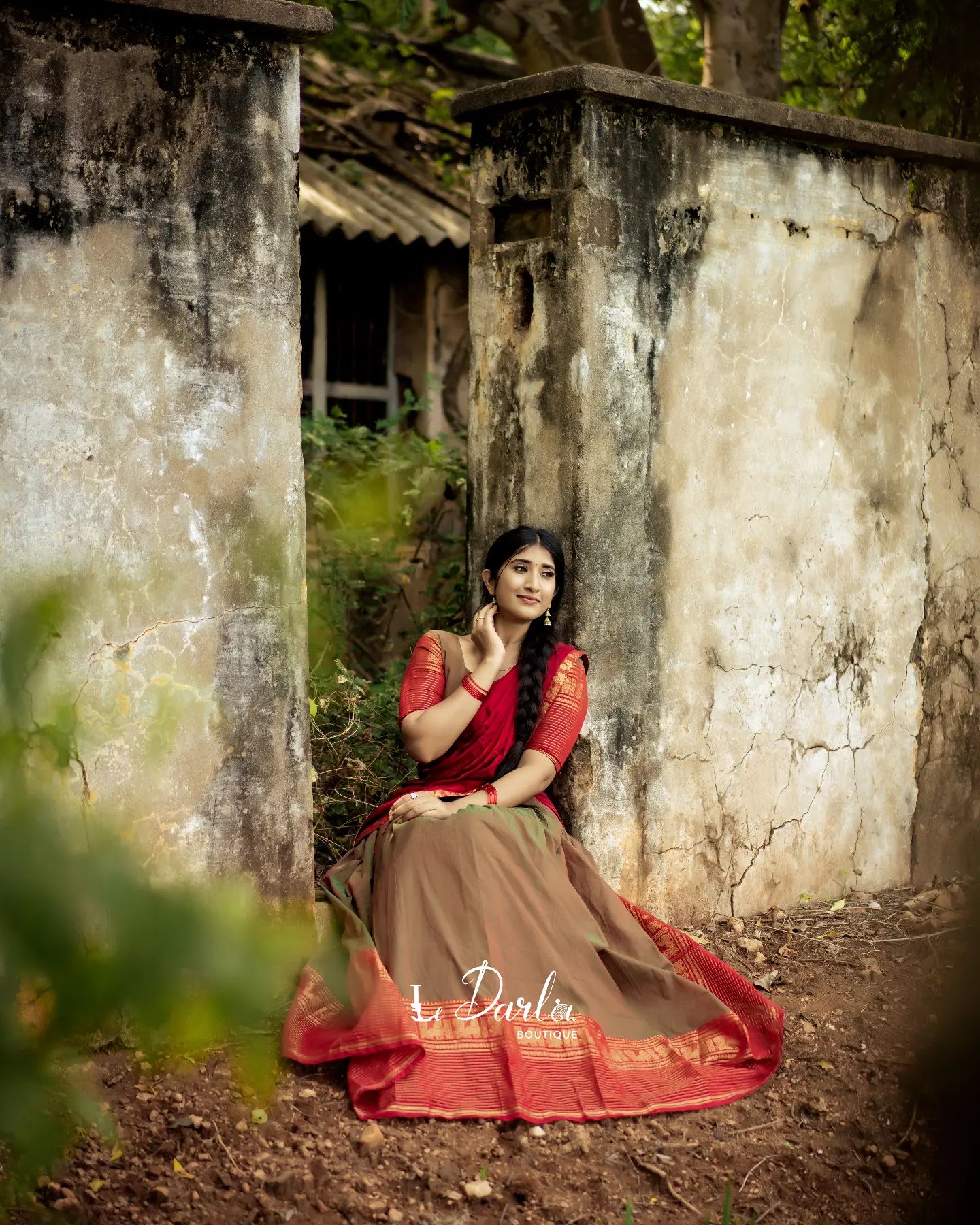 Mezos Brown & Maroon Banarasi Silk Zari Half Saree Set | Amali Royal Heritage Collection