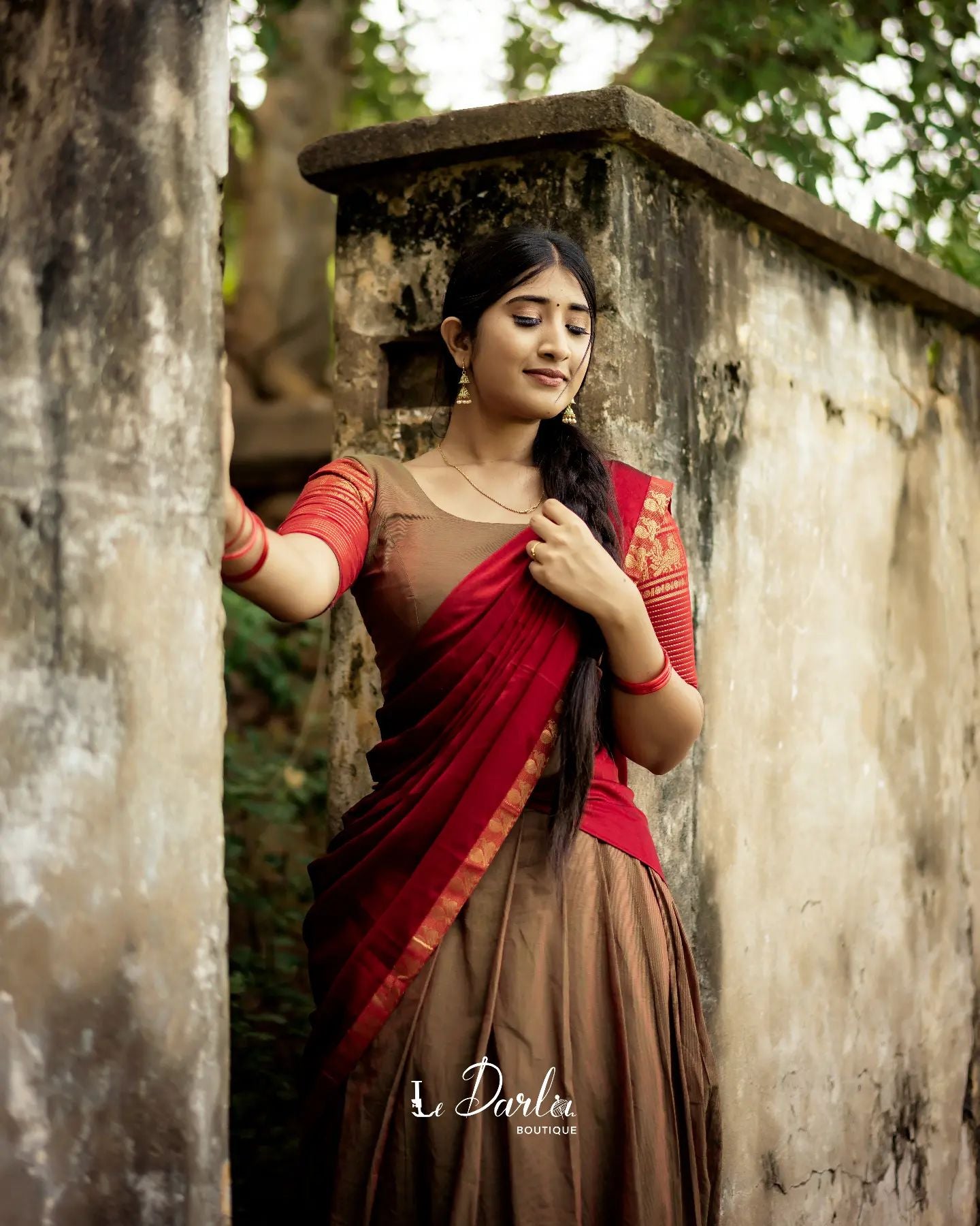 Mezos Brown & Maroon Banarasi Silk Zari Half Saree Set | Amali Royal Heritage Collection