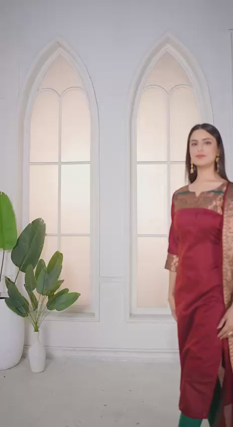 Mezos Maroon & Green Cotton Silk Suit Set with Golden Zari Border – Premium Ethnic Wear by Amali