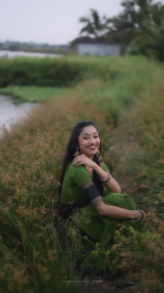 Mezos Olive Green & Black Banarasi Silk Zari Half Saree Set | Amali Royal Heritage Collection