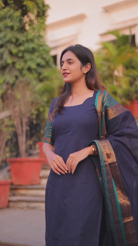 Mezos Navy Blue & Teal Cotton Silk Kurta with Golden Zari Dupatta – Elegant 2-Piece Set by Amali