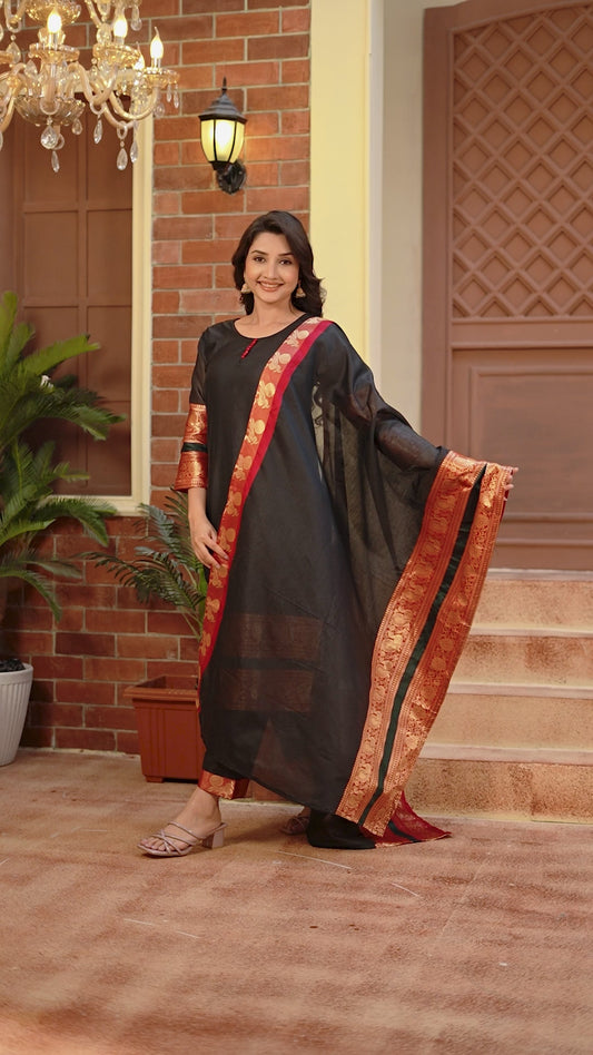 Mezos Black & Gold Zari Border Cotton Silk Kurta with Dupatta and Salwar – Premium Festive Wear by Amali