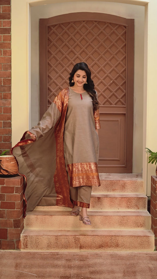 Mezos Beige & Maroon Zari Border Cotton Silk Kurta with Dupatta and Salwar – Elegant Festive Wear by Amali