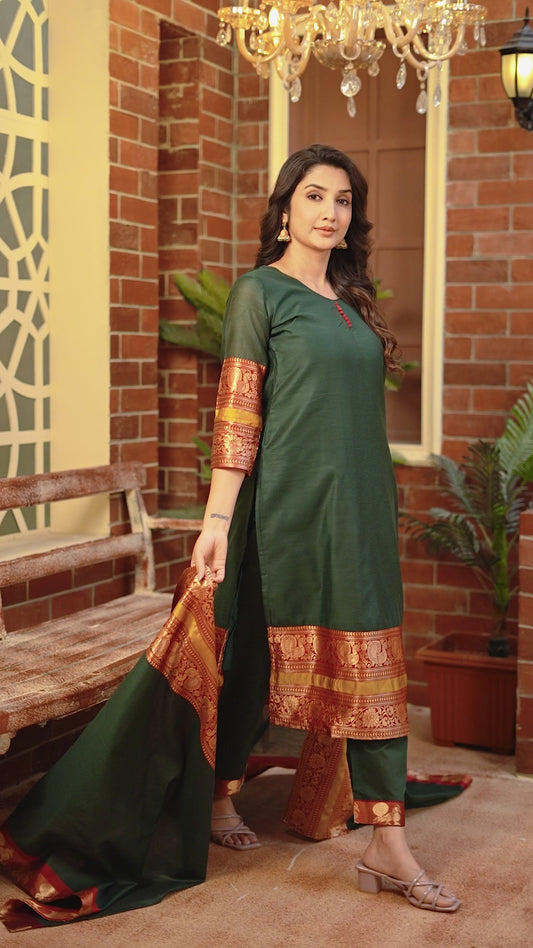 Mezos Emerald Green & Maroon Zari Border Cotton Silk Kurta with Dupatta and Salwar – Festive Ethnic Wear by Amali