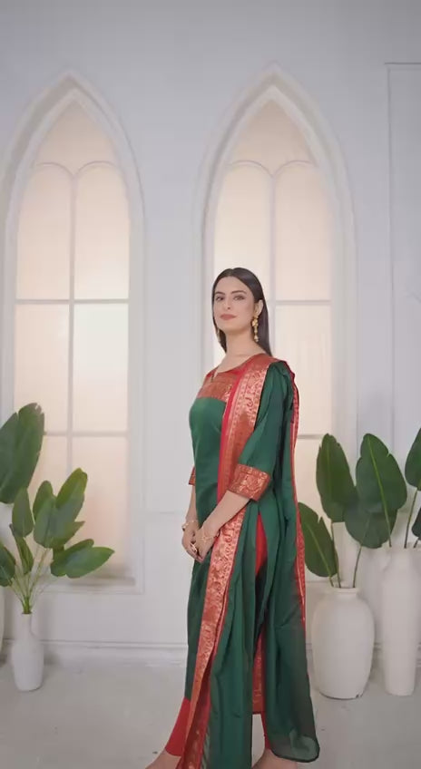 Mezos Emerald Green & Maroon Cotton Silk Suit Set with Golden Zari Border – Premium Ethnic Wear by Amali